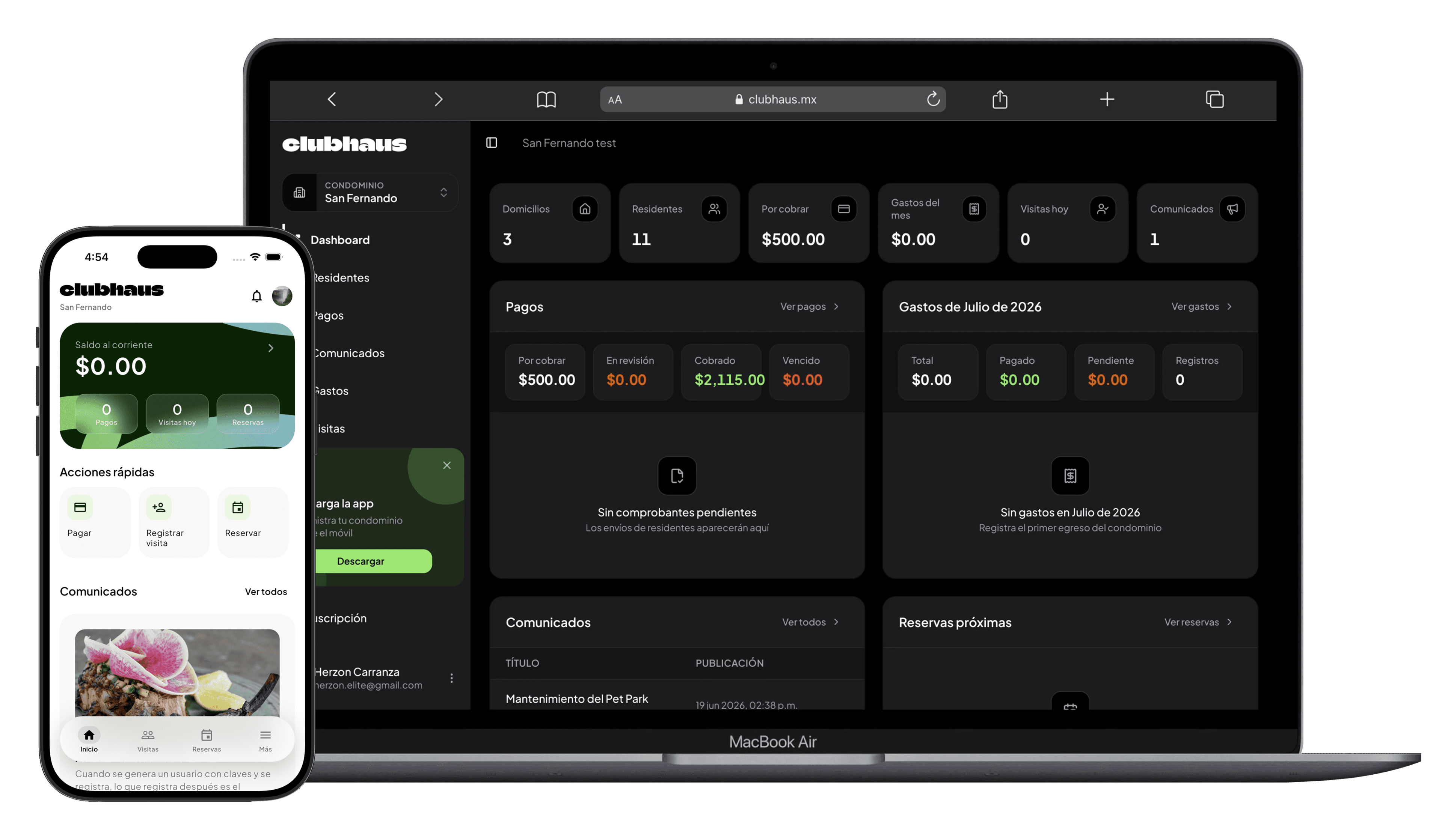 Portal web y app móvil de Clubhaus