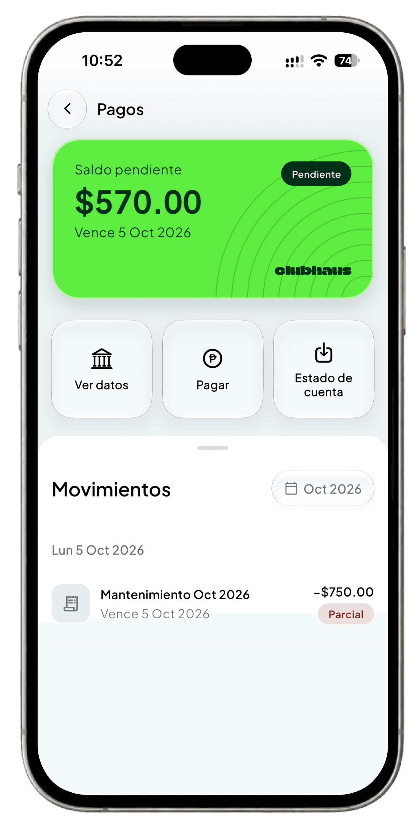 Saldo y pagos de mantenimiento en la app Clubhaus